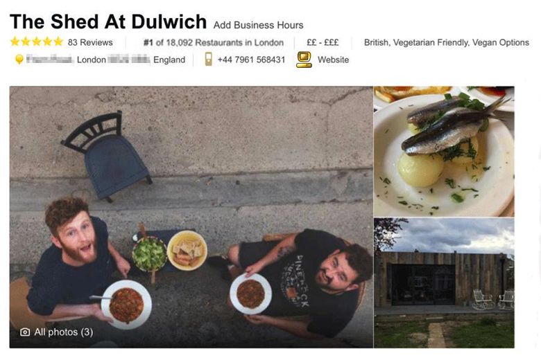 Fake restaurant becomes London's top-rated eatery on TripAdvisor