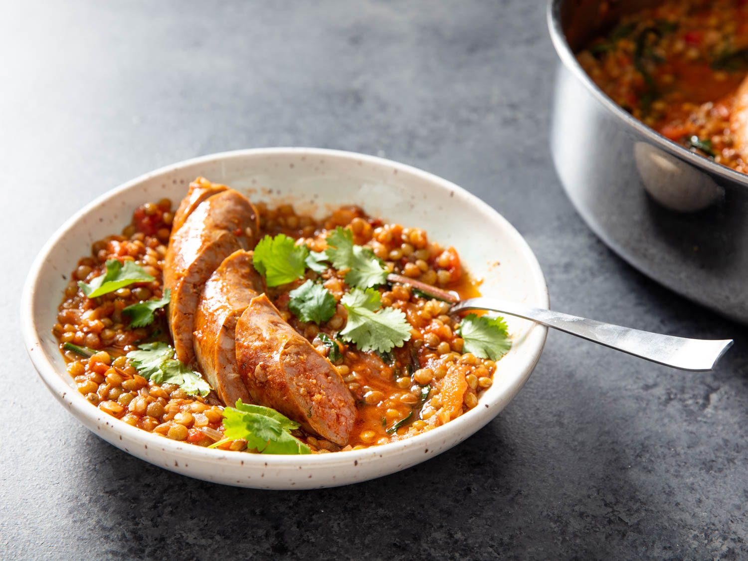 Cumin-Scented Lentils With Sausage and Dandelion Greens